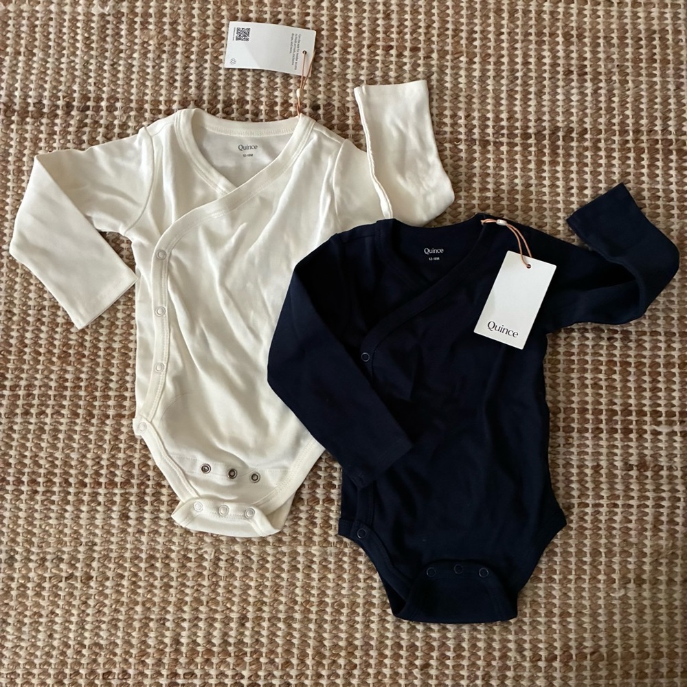 Quince Long-Sleeve Baby One-Pieces in Cream and Navy
